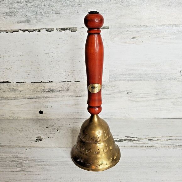 Vintage Etched Brass Hand Bell Wood Handle India - School, Teacher, Call Service - Picture 1 of 12